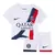 Kit infantil do Paris Saint-Germain II 24/25, composto por camiseta branca com detalhes em azul e vermelho e shorts brancos.