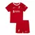 Kit infantil do Liverpool, composto por camiseta vermelha e shorts, com logotipo da Nike e do Liverpool FC.