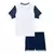 Kit infantil do Tottenham da Nike, composto por camisa branca e shorts azuis, modelo 24/25.