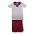 Kit infantil do Fluminense III 24/25 da Umbro, composto por camiseta branca com detalhes em verde e vermelho e shorts vermelhos.
