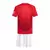 Kit infantil do Manchester United, composto por camiseta vermelha e shorts brancos, da Adidas, para a temporada 24/25.
