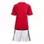 Kit infantil do Manchester United na cor vermelha, composto por camiseta e short, visto de costas.
