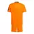 Kit infantil do Real Madrid II para a temporada 24/25, na cor laranja, mostrando a parte de trás da camiseta e do short.
