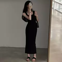 Cibbar básico malha vestido longo moda coreana gola quadrada sem mangas - loja online