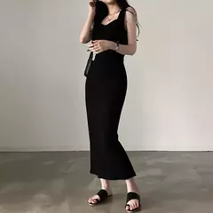 Cibbar básico malha vestido longo moda coreana gola quadrada sem mangas - comprar online