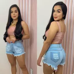 Short Jeans Feminino Cintura Alta Destroyed Hot Pants Oferta