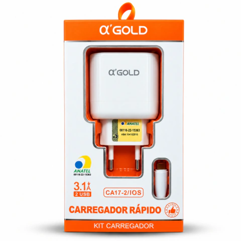 Carregador Completo A´GOLD USB Lightning iOS, 3.1A, 1M, Branco