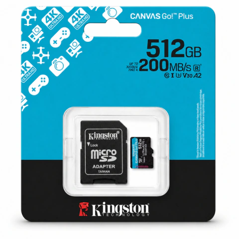 Cartão de Memória MicroSD 512GB Kingston Canvas Go Plus, 200MB/s, Classe 10 - U3 - V30, Preto - SDCG4/512GB