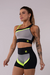TOP ASSIMÉTRICO COM RECORTES CONTRASTANTES (PRETO COM DETALHES CINZA E AMARELO) - JS MODA FITNESS