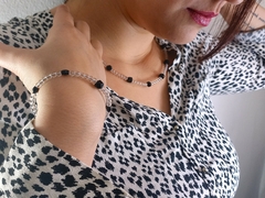 CONJUNTO COLL + PULS CUARZO CRISTAL Y OBSIDIANA NEGRA FACETADA ACERO 316L