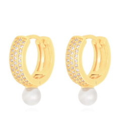 Brinco Argola com Micro Zircônias e Pérola Semijoia Banhado Ouro 18K