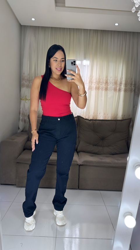 Calça wide leg bolso lateral