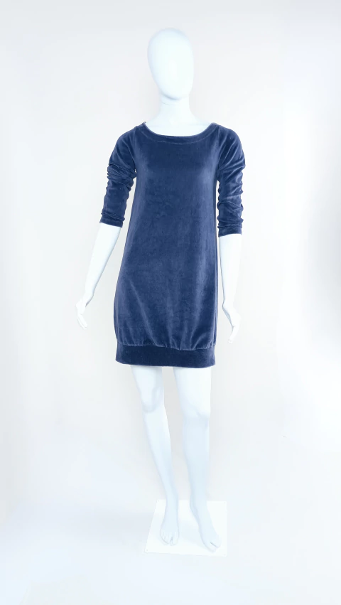 Vestido de Veludo Azul Marinho, Manga 3/4