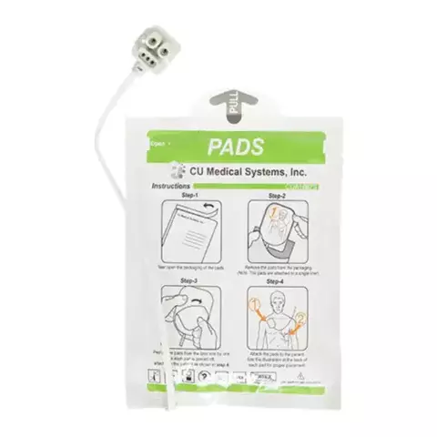 Elétrodos i-PAD SP1 para adultos, autoadesivos, gel de polímero, pré-conectados, válidos por 2 anos, aplicáveis em crianças com redução de energia, posicionamento indicado.