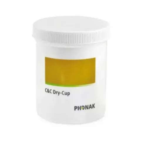 Recipiente para desumidificador Phonak, modelo C&C Dry-Cup, em cor branca com tampa.