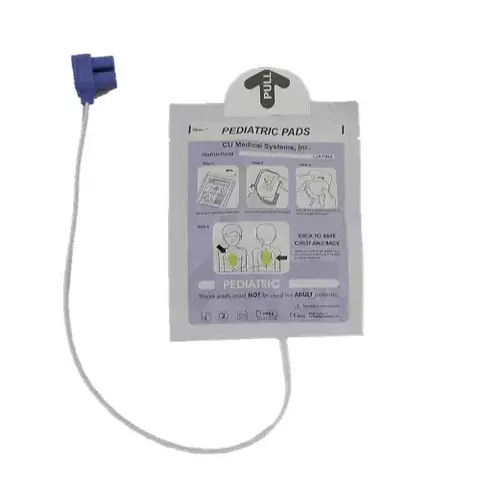 Elétrodos pediátricos i‑PAD SP1 autoadesivos para crianças 1–8 anos (<25 kg), sem látex, validade ~2 anos, posicionamento tórax+costas, reduz energia do DAE no modo pediátrico.