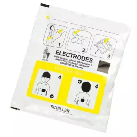 Elétrodos pediátricos Schiller e DefiSign LIFE para crianças de 1 a 8 anos até 25 kg, autoadesivos, vida útil até 3 anos, compatíveis com FRED Easyport e Defigard.