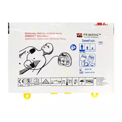 Elétrodos Primedic HeartSave para adultos, originais, validade 3 anos, autoadesivos sem látex, incluem luvas, lâmina e máscara de proteção facial.