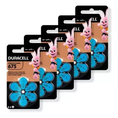 Pacotes de baterias auditivas Duracell Activair 675 PR44, contendo 30 unidades, exibindo o coelho Duracell.