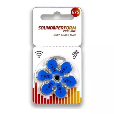 Embalagem da Bateria Auditiva Power One P675, com 6 unidades, destacando a durabilidade e a marca Soundperform.