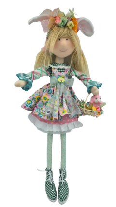 Muñeca de Pascua con vestido floral tonos pasteles, orejitas de conejo y canasta 70 cm - comprar en línea