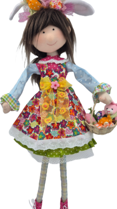 Muñeca de Pascua con vestido floral, orejitas de conejo y canasta 70 cm - tienda en línea