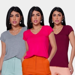 Kit 3 Blusas Feminina Lisa Decote V em Viscolycra na internet