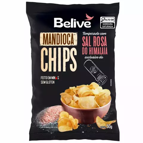 Chips de Mandioca Sem Glúten Belive temperados com Sal Rosa do Himalaia 50g