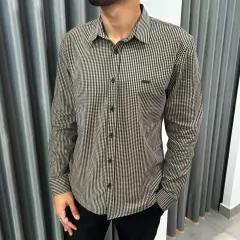 CAMISA CASUAL XADREZ KINGEJOE SLIM MANGA KAKI P