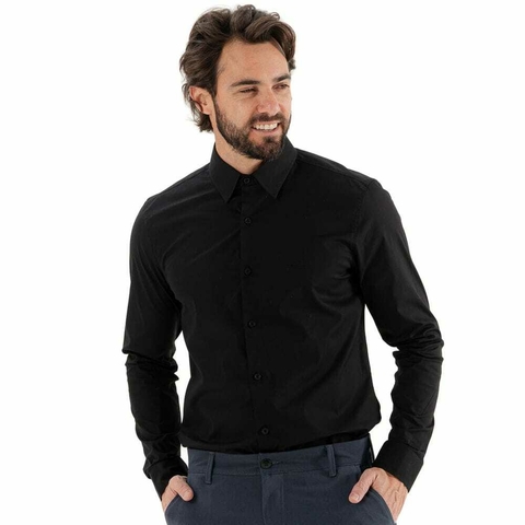 CAMISA SOCIAL CETIM KINGEJOE MANGA LONGA PRETO P