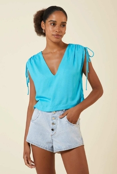 BLUSA DCT V FRANZIDO OMBROS TURQUESA