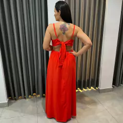 VESTIDO LINHO RECORTE LATERAL VERMELHO - comprar online