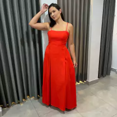 VESTIDO LINHO RECORTE LATERAL VERMELHO