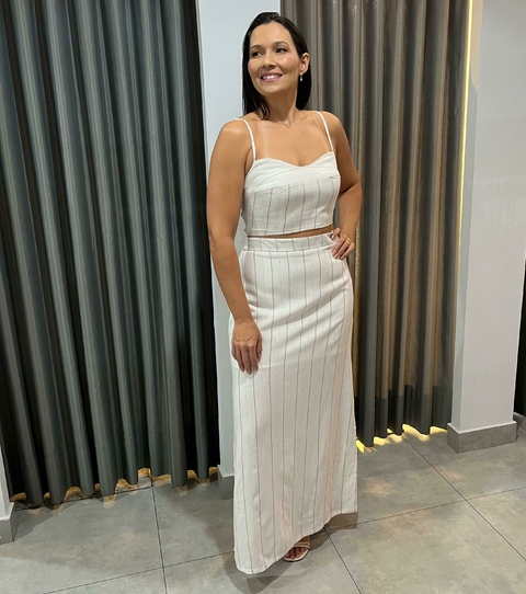 SAIA RETA LINHO LISTRAS BEGE