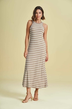 VESTIDO CANELADO BEGE LISTRAD0