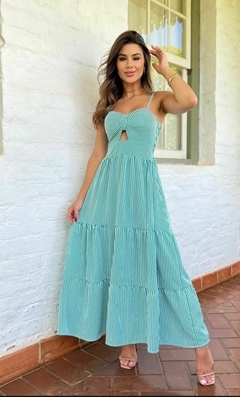 VESTIDO FEM ROUPARIA LISTRAS VERDE E BRANCO - comprar online