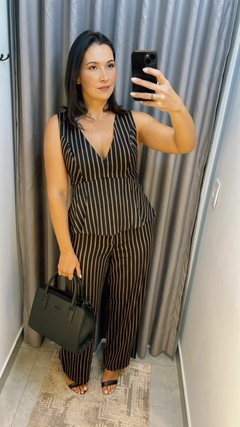 BLUSA LISTRADA PEPLUM PRETO / BEGE ESCURO - comprar online