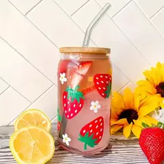 Imagen de Vasos de Vidrio con Tapa de Bambú y Pajilla Reutilizable