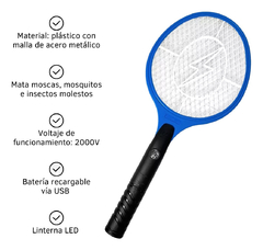 Paleta Raqueta Eléctrica Recargable Usb Mata Mosquitos Mosca