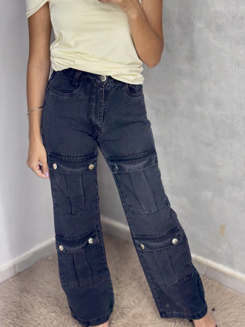 Calça Jeans Cargo Feminina - Black
