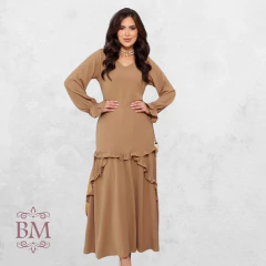 Imagem do Vestido Midi, em Crepe, Areia, Mangas Longas, Elástico Punho, Decote V, Detalhe Saia, Forro, Feminine BM1277