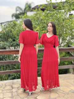 Vestido em Tule, Vermelho, Fio Lurex Prata, Forrado, Lastéx Cintura, Detalhe Babado Frontal, Collucci BM1306V - comprar online