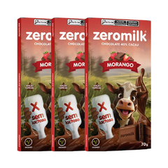 Kit com 3 Tabletes de Chocolate Vegano 40% Cacau Sabor Morango de 70g cada - Zeromilk