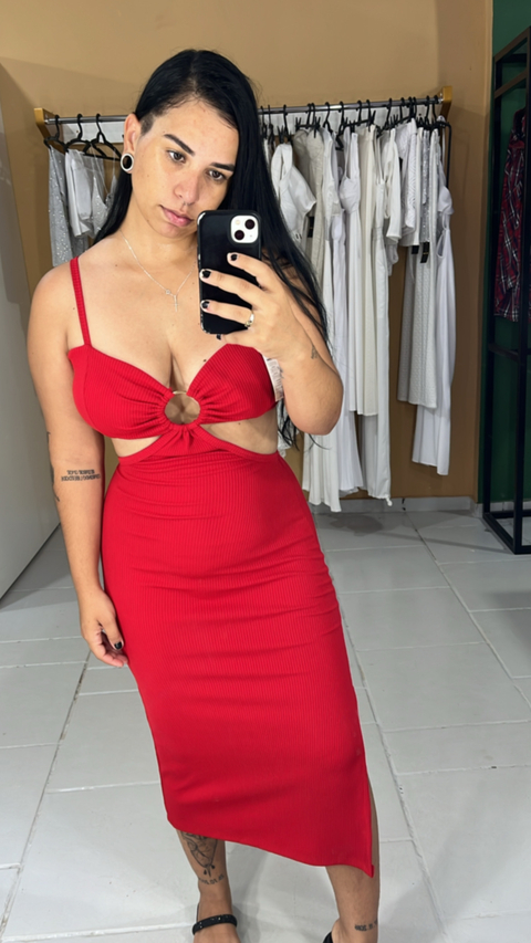 VESTIDO MIDI FENDA VERMELHO