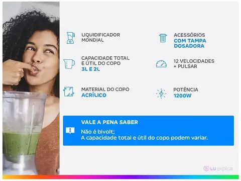 Liquidificador Mondial Turbo L-1200 BI com Filtro 12 Velocidades 1200W Inox Pret