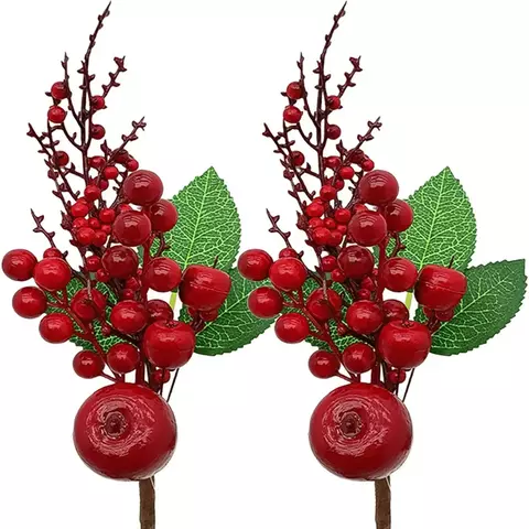 Ramos Galho Maça Vermelha Decoração De Natal 35cm Kit 4Pçs