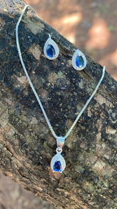 CONJUNTO DE PRATA GOTA AZUL CRAVEJADA