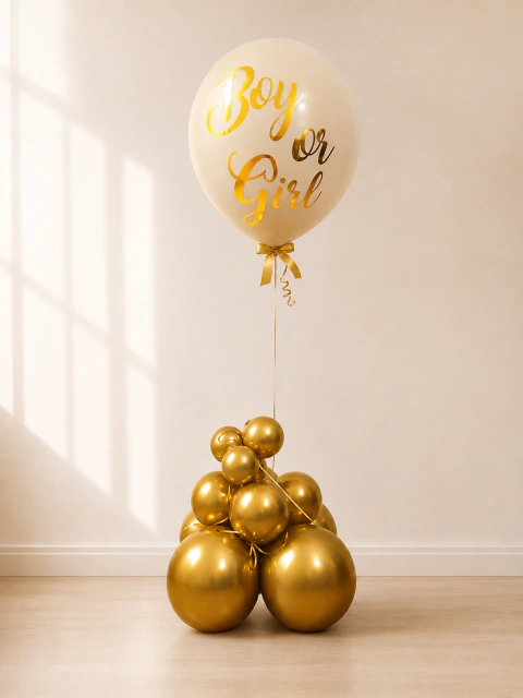 Arranjo revelação com balão personalizado de 25 polegadas em gás hélio e base de balões dourados