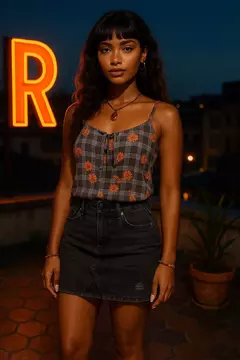 Blusa de Alcinha Xadrez com Flores Laranjas - Tamanho: M - comprar online