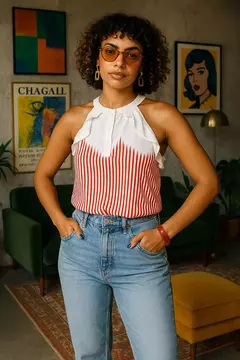 Camiseta Regata Feminina Listrada Vermelho e Branco - Tamanho: M - comprar online